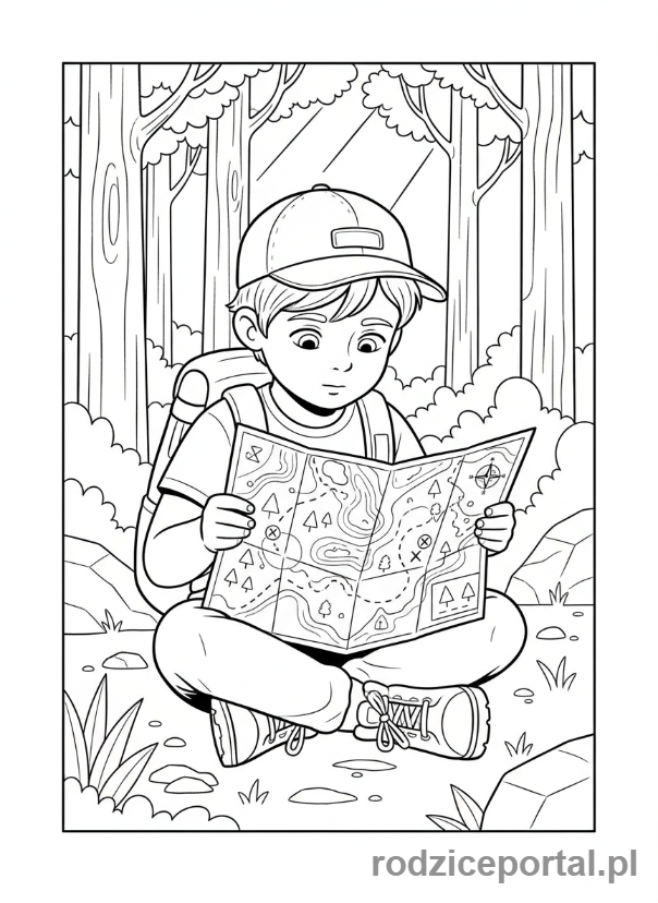 Kolorowanka Nauka Orientacji - Dziecko czytające mapę turystyczną