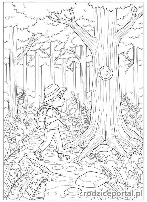 Kolorowanka Nauka Orientacji - Dziecko idące szlakiem ze znakami