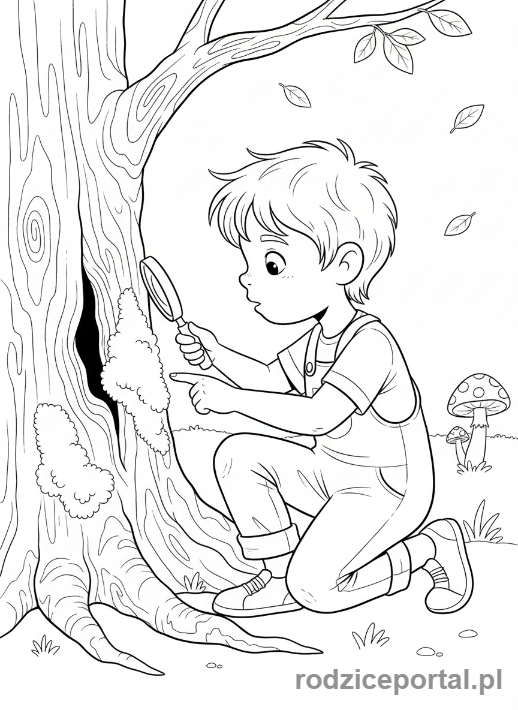 Kolorowanka Nauka Orientacji - Dziecko obserwujące mech na drzewie
