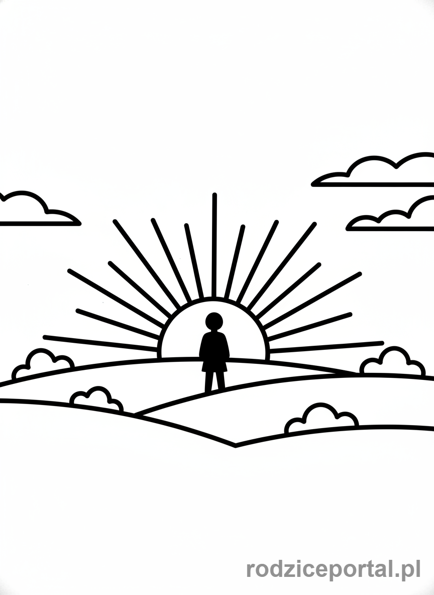 Kolorowanka Nauka Orientacji - Dziecko obserwujące wschód słońca