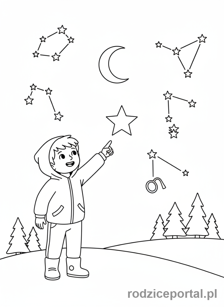 Kolorowanka Nauka Orientacji - Dziecko oglądające gwiazdy w nocy