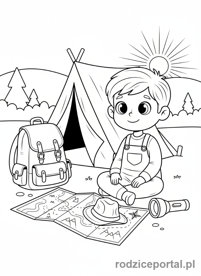 Kolorowanka Nauka Orientacji - Dziecko przy namiocie z mapami