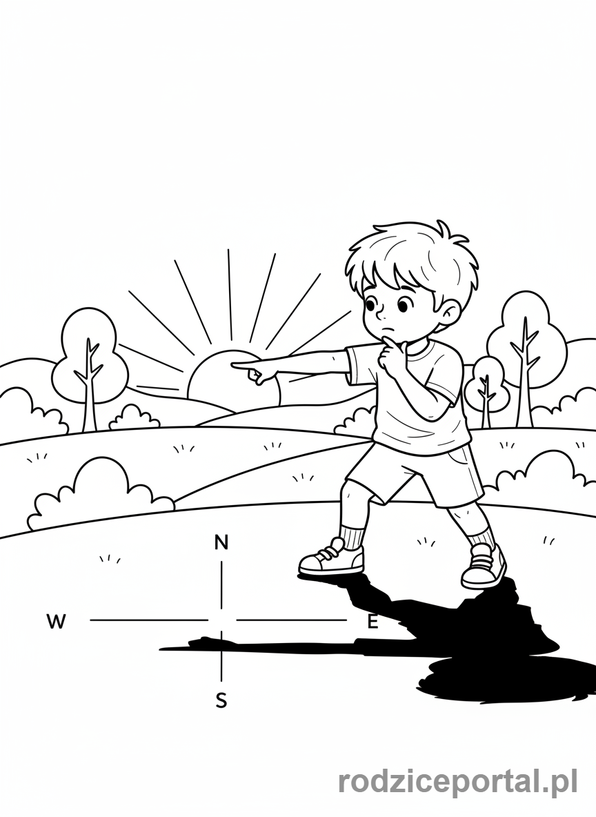 Kolorowanka Nauka Orientacji - Dziecko używające słońca do orientacji