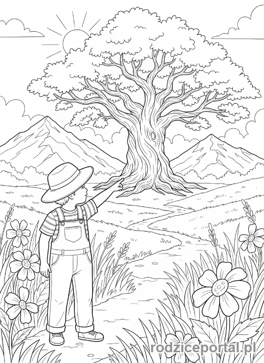 Kolorowanka Nauka Orientacji - Dziecko wskazujące punkt orientacyjny