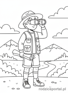 Kolorowanka Nauka Orientacji - Dziecko z lornetką i mapą