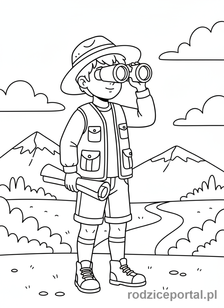 Kolorowanka Nauka Orientacji - Dziecko z lornetką i mapą