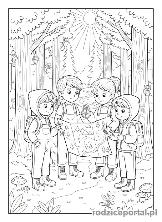 Kolorowanka Nauka Orientacji - Grupa dzieci uczących się orientacji