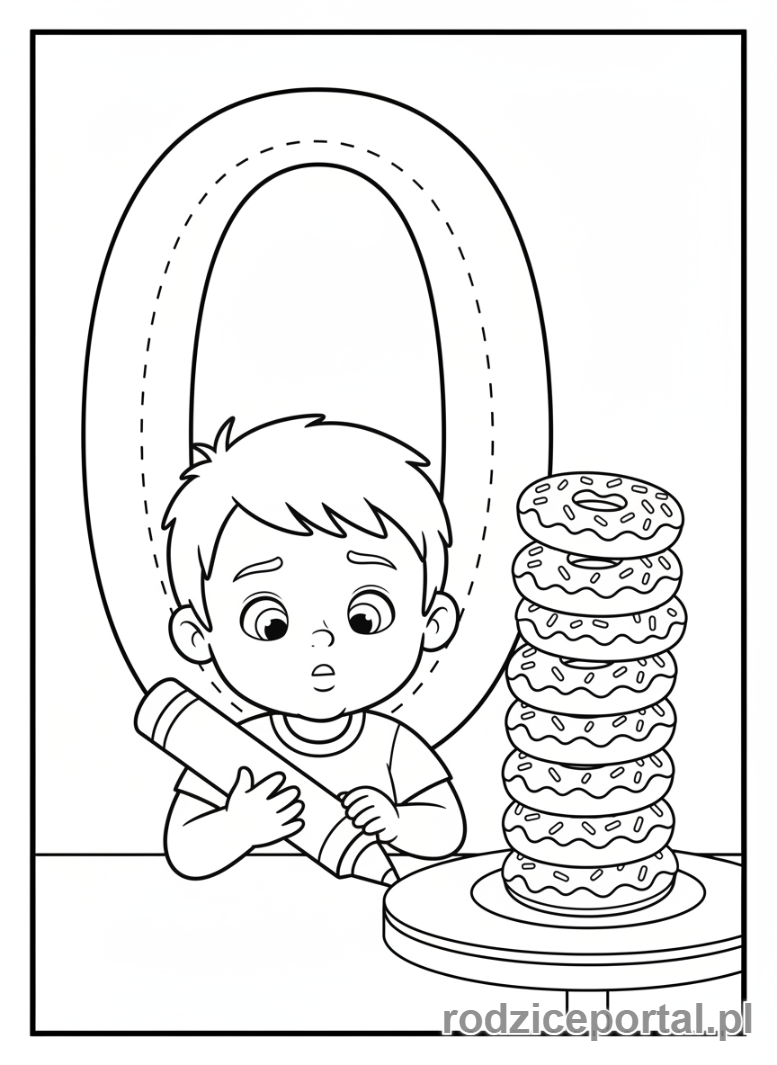 Kolorowanka Nauka Pisania Cyfr - Cyfra 0 i donuty