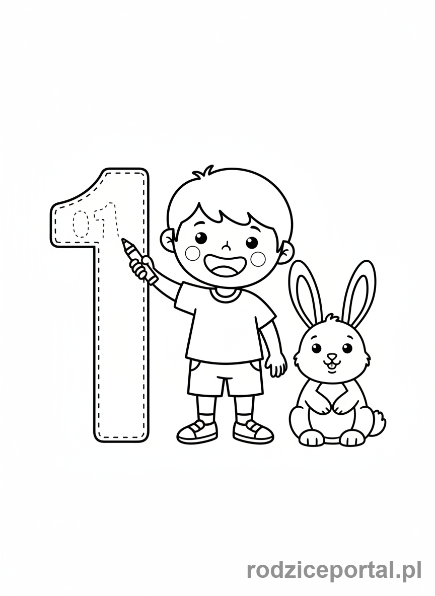 Kolorowanka Nauka Pisania Cyfr - Cyfra 1 i zajac