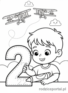 Kolorowanka Nauka Pisania Cyfr - Cyfra 2 i samoloty