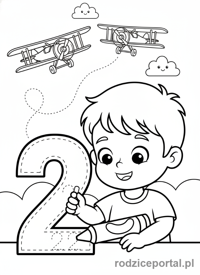 Kolorowanka Nauka Pisania Cyfr - Cyfra 2 i samoloty