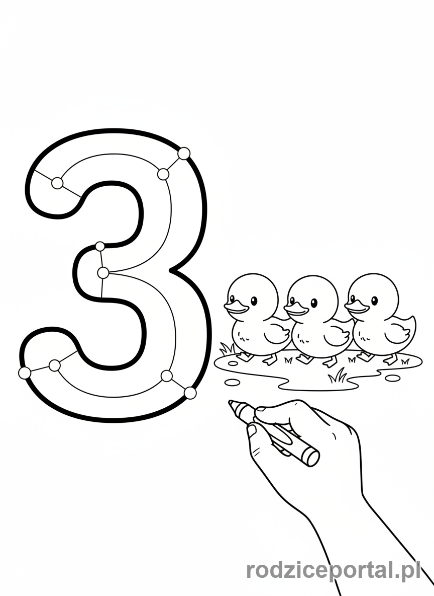 Kolorowanka Nauka Pisania Cyfr - Cyfra 3 i kaczki