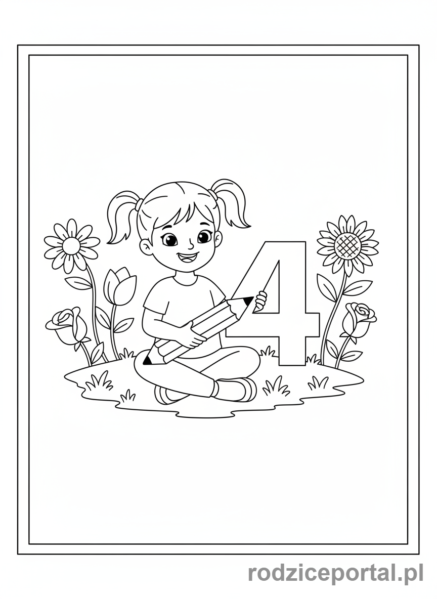 Kolorowanka Nauka Pisania Cyfr - Cyfra 4 i kwiatki