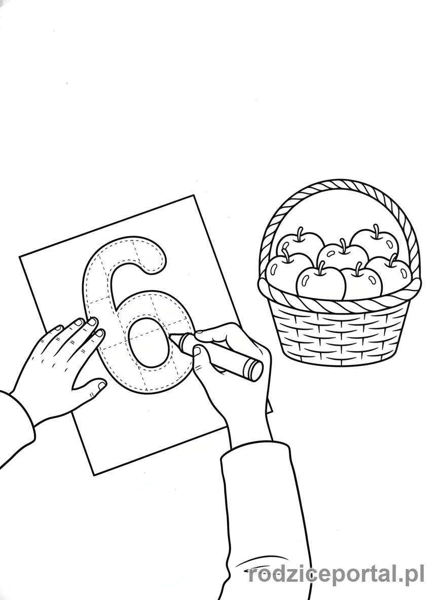 Kolorowanka Nauka Pisania Cyfr - Cyfra 6 i jablka