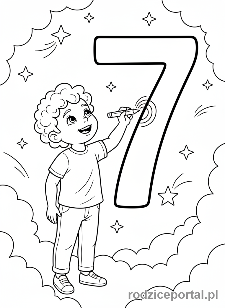 Kolorowanka Nauka Pisania Cyfr - Cyfra 7 i gwiazdki
