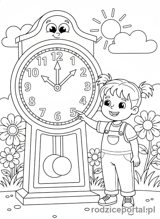 Kolorowanka Nauka Pisania Cyfr - Dziecko i zegar