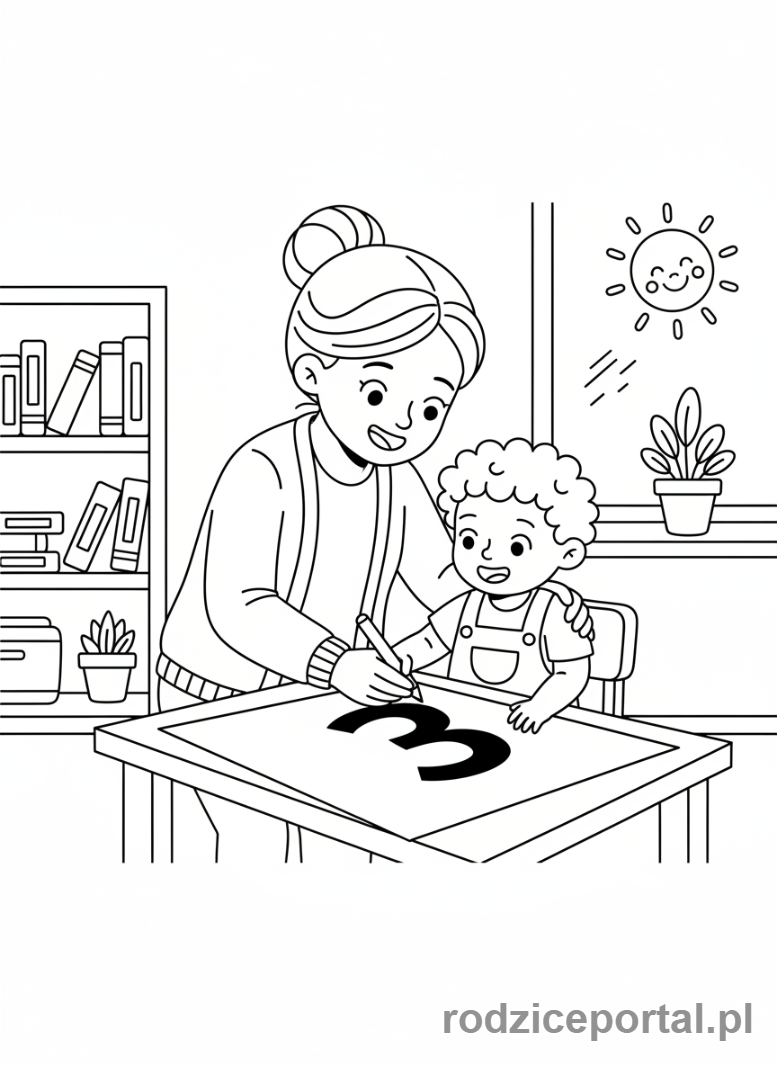 Kolorowanka Nauka Pisania Cyfr - Nauczycielka pomaga