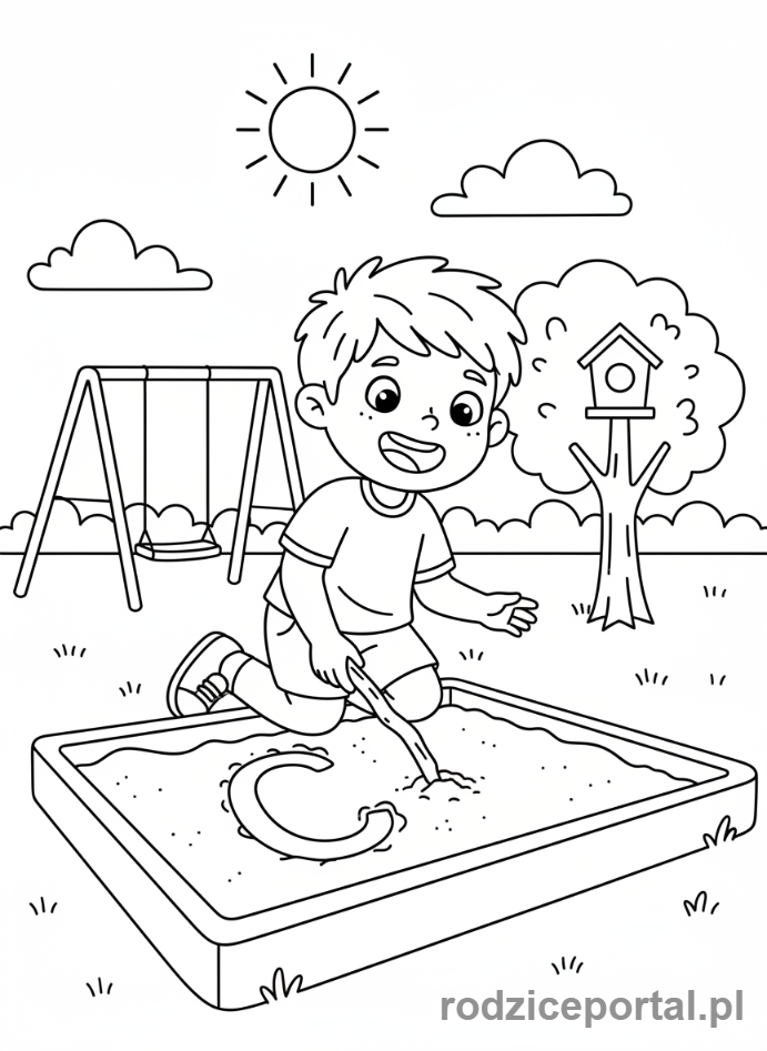 Kolorowanka Nauka Pisania Liter - Chłopiec rysujący literę C w piasku