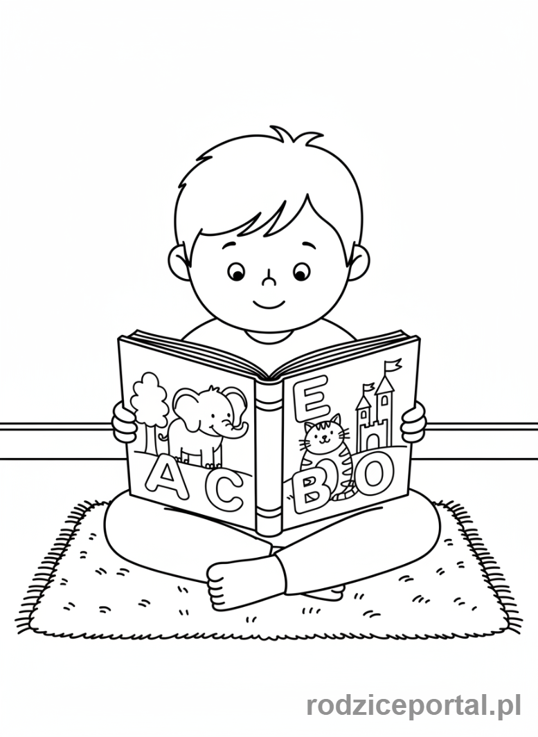 Kolorowanka Nauka Pisania Liter - Dziecko czytające książkę z dużymi literami