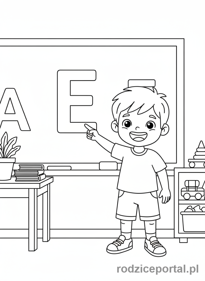 Kolorowanka Nauka Pisania Liter - Dziecko wskazujące literę na tablicy
