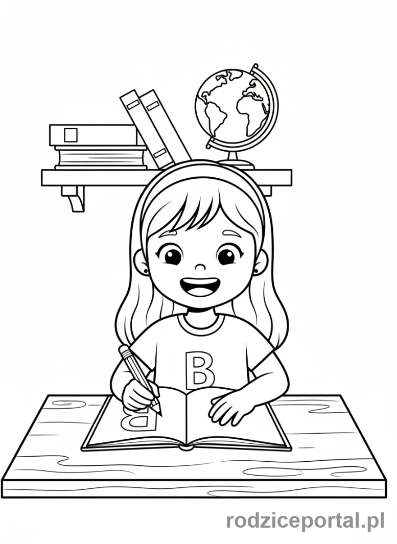 Kolorowanka Nauka Pisania Liter - Dziewczynka pisząca literę B przy biurku