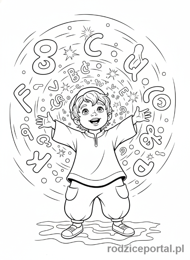 Kolorowanka Nauka Pisania Liter - Latające magiczne literki wokół dziecka