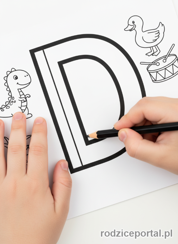 Kolorowanka Nauka Pisania Liter - Zbliżenie dłoni piszących literę D