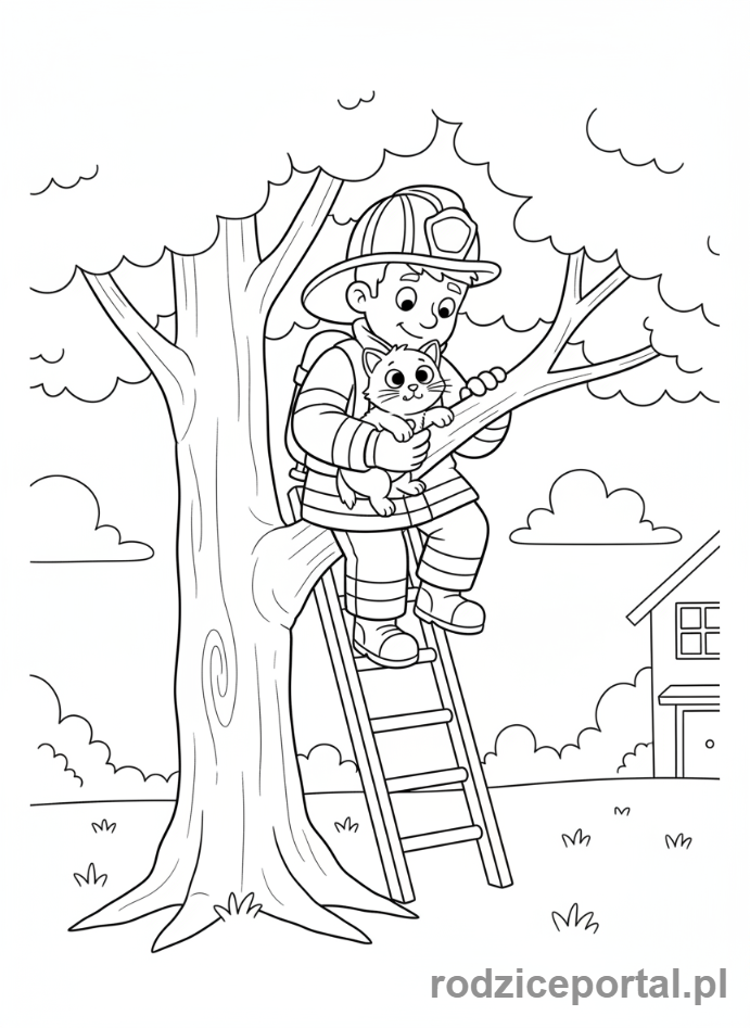Kolorowanka Nauka Przez Obraz - Strażak ratuje kota