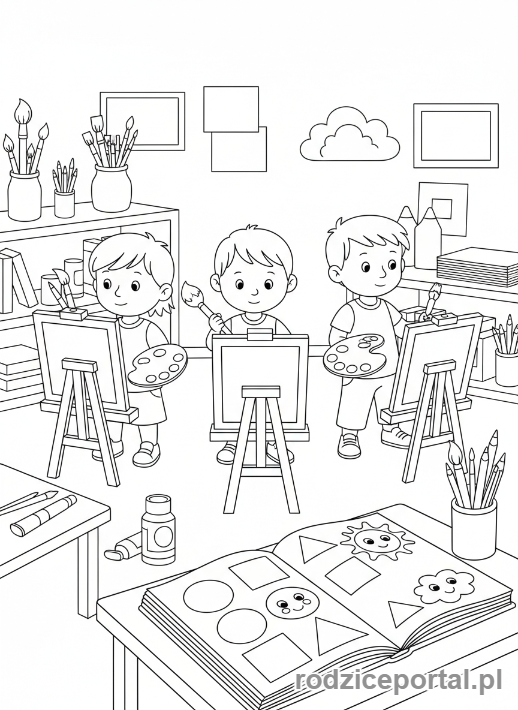 Kolorowanka Nauka Przez Zabawę - Dzieci malują sztalugach
