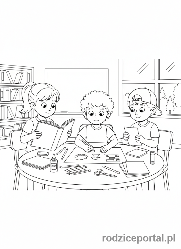 Kolorowanka Nauka Punktualności - Dzieci pracują nad projektem punktualnie