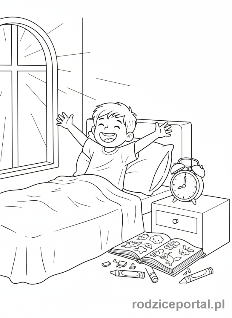 Kolorowanka Nauka Punktualności - Dziecko budzące się punktualnie