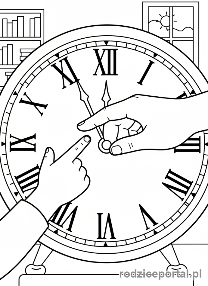 Kolorowanka Nauka Punktualności - Dziecko uczące się odczytywać zegar