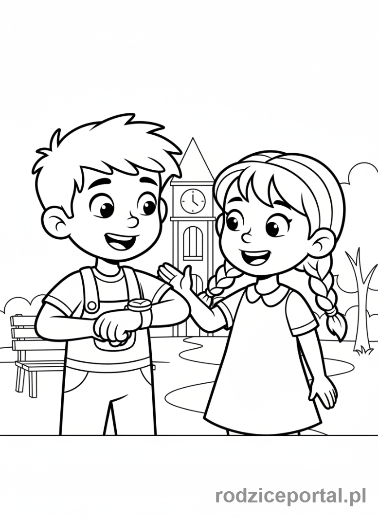 Kolorowanka Nauka Punktualności - Przyjaciel przypomina o godzinie