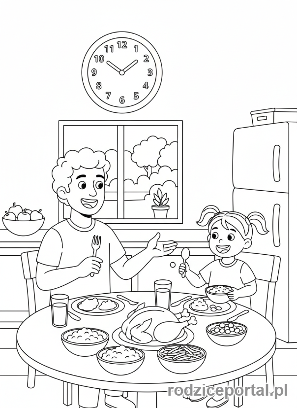 Kolorowanka Nauka Punktualności - Rodzina zasiada do kolacji na czas