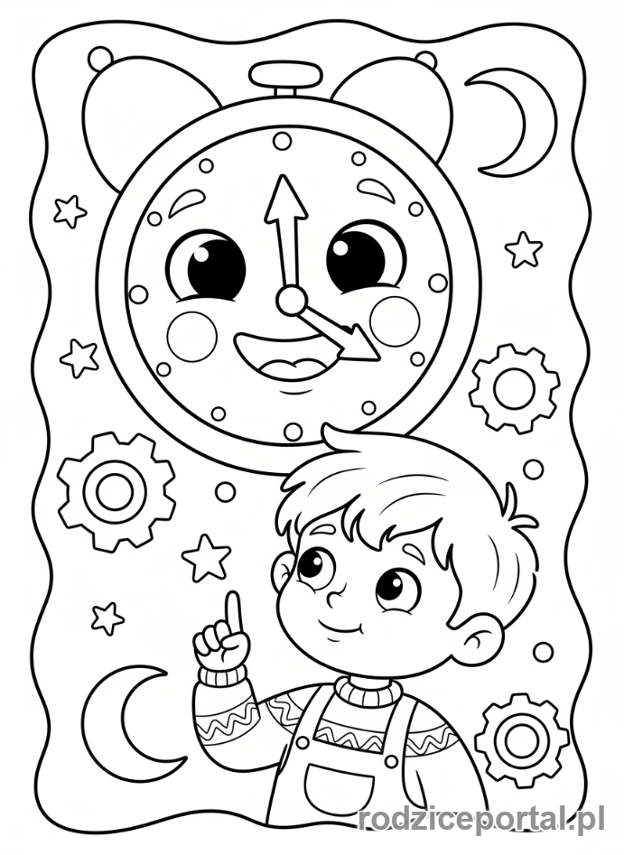 Kolorowanka Nauka Punktualności - Uśmiechnięty zegar i dziecko