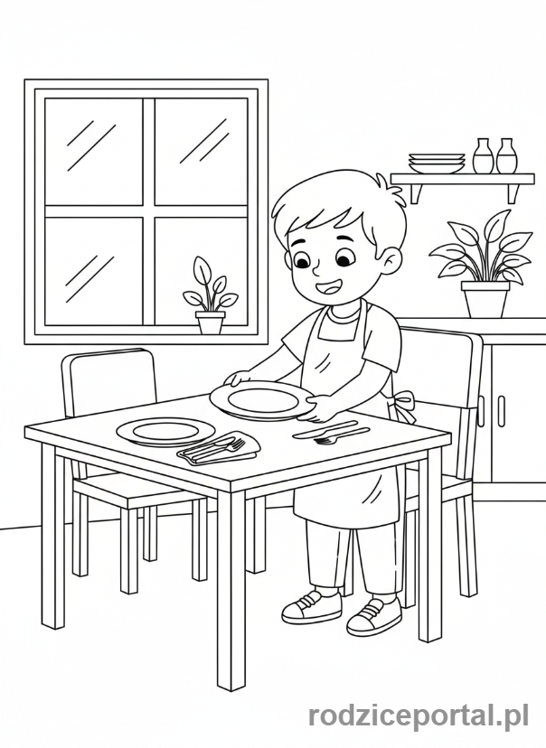 Kolorowanka Nauka Samodzielności - Dziecko nakrywa do stołu