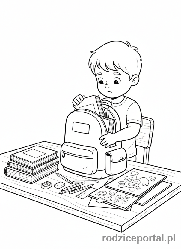 Kolorowanka Nauka Samodzielności - Dziecko pakuje plecak