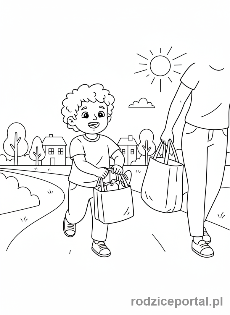 Kolorowanka Nauka Samodzielności - Dziecko pomaga z zakupami