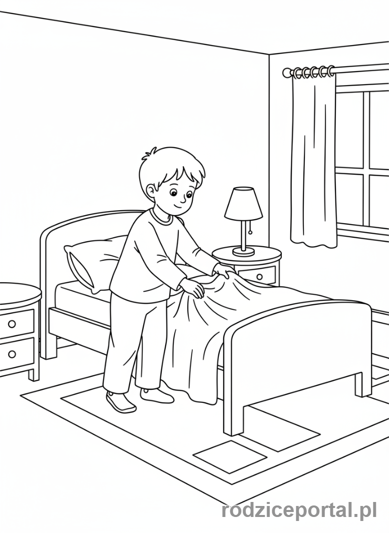 Kolorowanka Nauka Samodzielności - Dziecko ścieli łóżko
