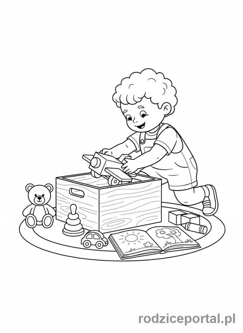 Kolorowanka Nauka Samodzielności - Dziecko sprząta zabawki