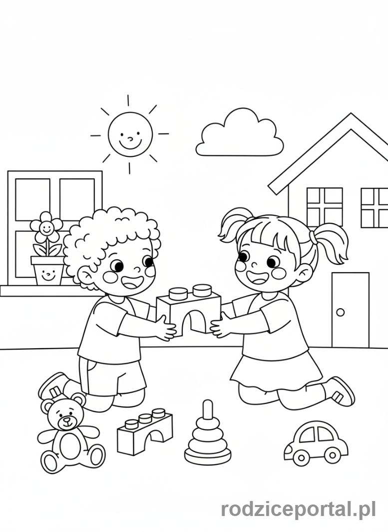 Kolorowanka Nauka Samoregulacji - Dzielenie się zabawkami