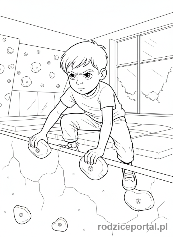 Kolorowanka Nauka Wytrwałości - Chłopiec wspina się na niską ściankę wspinaczkową.