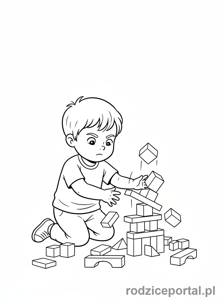 Kolorowanka Nauka Wytrwałości - Dziecko buduje wieżę z klocków, która się przewraca.