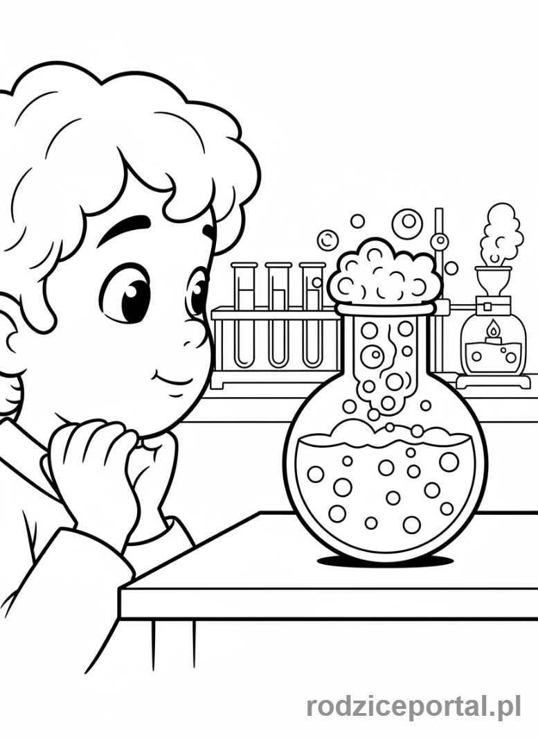 Kolorowanka Nauka Wytrwałości - Dziecko cierpliwie czeka na wynik eksperymentu naukowego.