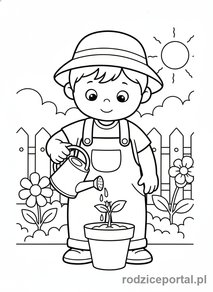 Kolorowanka Nauka Wytrwałości - Dziecko podlewa małą roślinkę, cierpliwie czekając.