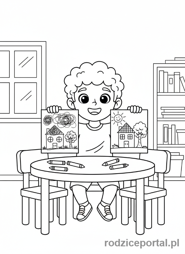 Kolorowanka Nauka Wytrwałości - Dziecko rysuje, pokazując początkowy szkic i gotowy rysunek.