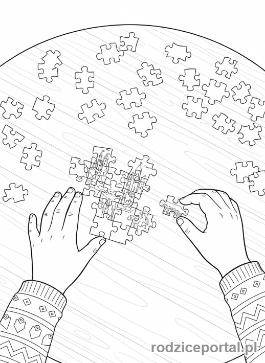 Kolorowanka Nauka Wytrwałości - Dziecko układa skomplikowane puzzle.