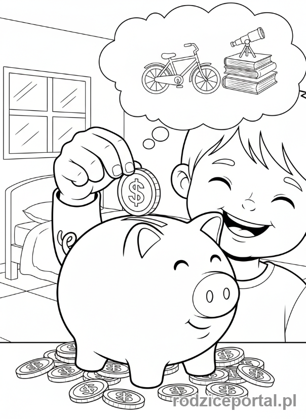 Kolorowanka Nauka Wytrwałości - Dziecko wrzuca ostatnią monetę do skarbonki.