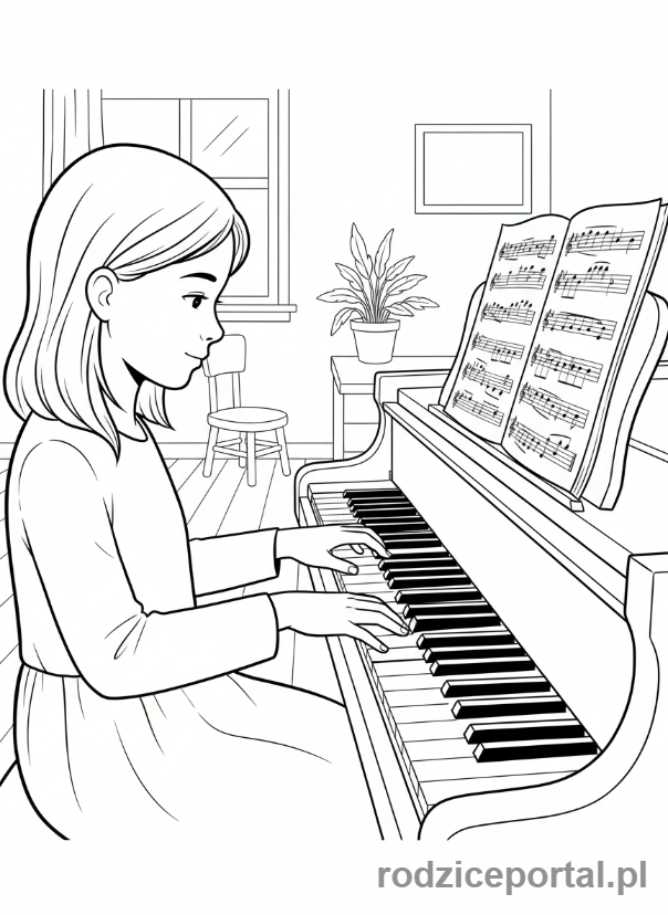 Kolorowanka Nauka Wytrwałości - Dziewczynka ćwiczy grę na pianinie, ma nuty przed sobą.