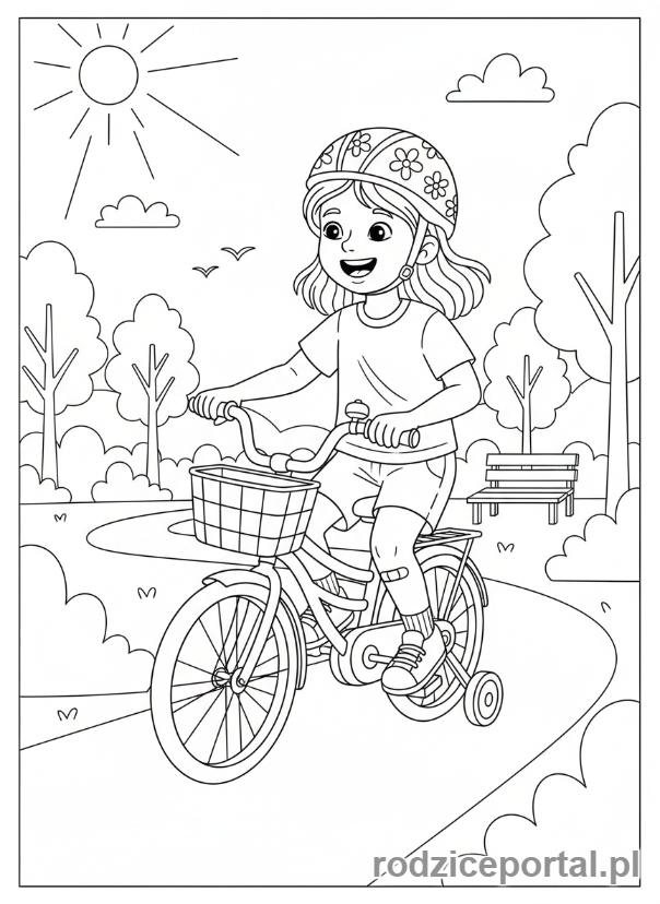 Kolorowanka Nauka Wytrwałości - Dziewczynka uczy się jeździć na rowerze, ma otarte kolano.